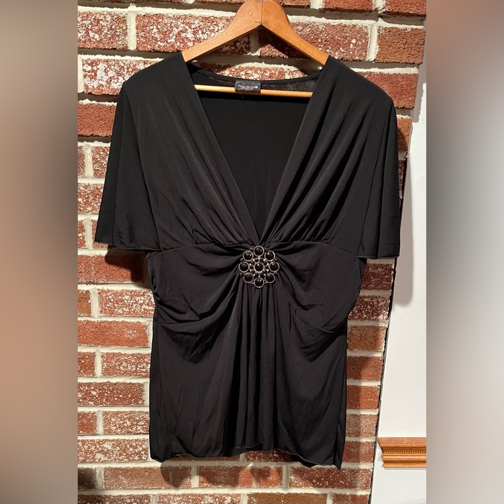 Fleur de Lis Collection Black Blouse with Embellished Center
